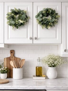 Set of 2 Artificial Eucalyptus Wreaths 8” Greenery Farmhouse Decor Cabinet Wall